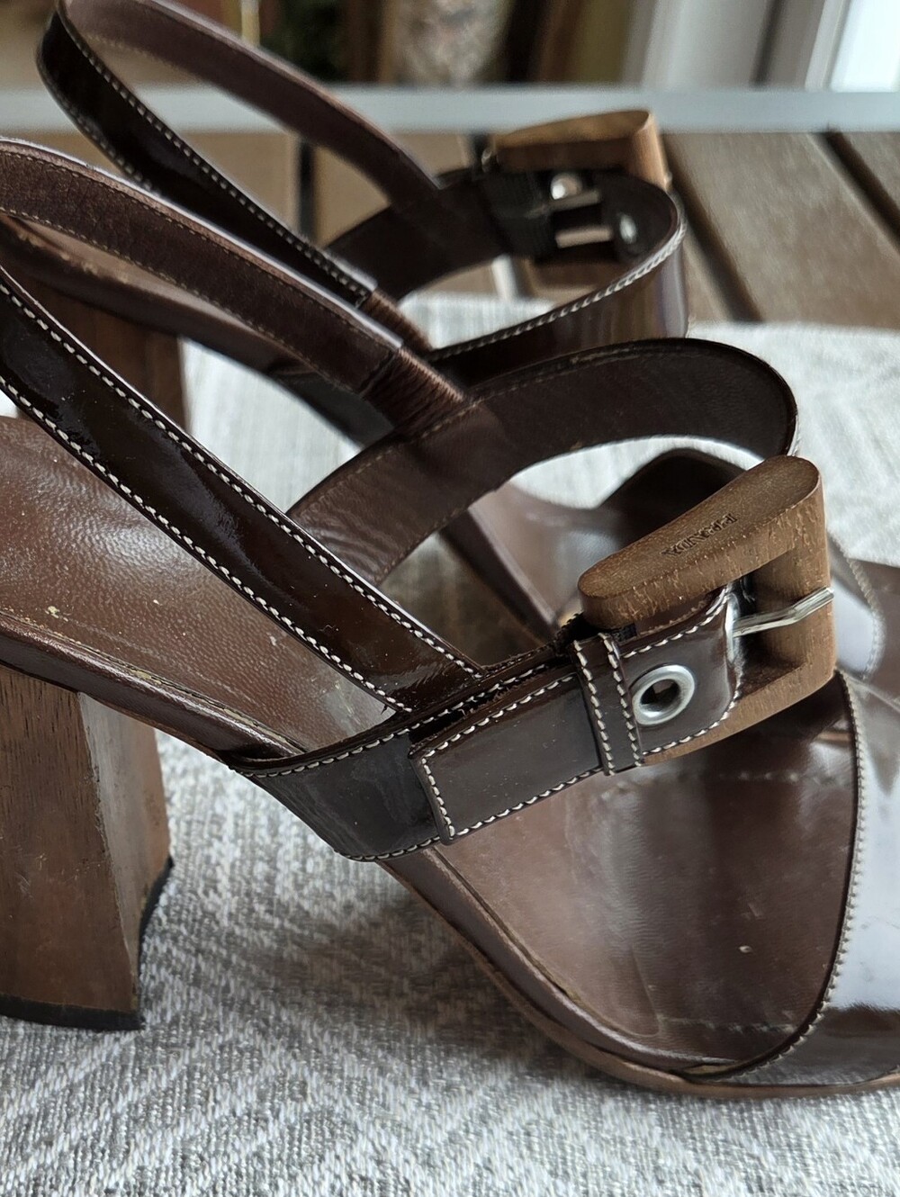 Prada Women’s Brown Leather Block Heel Sandals